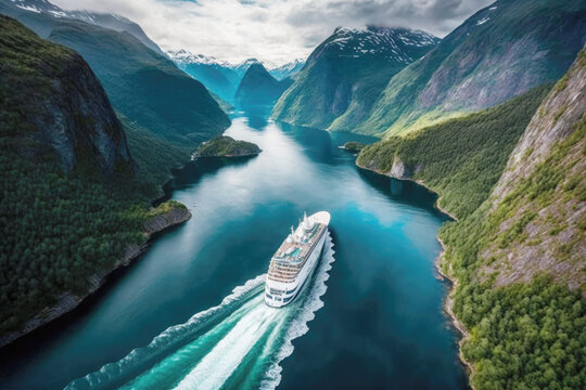 A luxury vessel sailing through calm, mirror-like Norwegian fjords